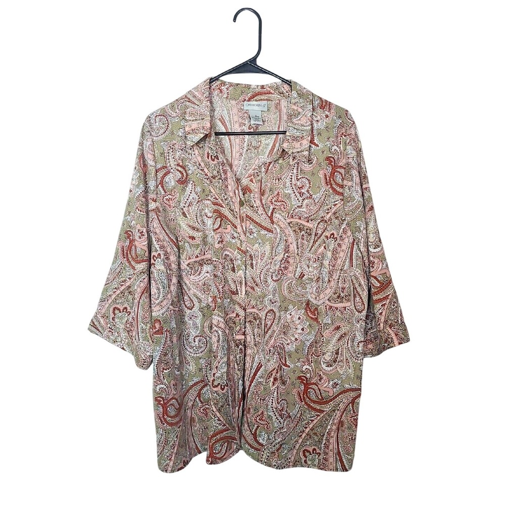 Catherines Paisley Button Down Shirt 1X 18W 20W Olive Pink Boho Blouse Top